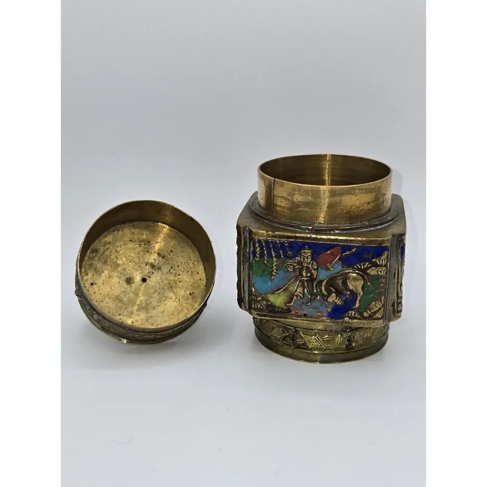 Antique‎ Chinese Brass Enameled Tea Canister